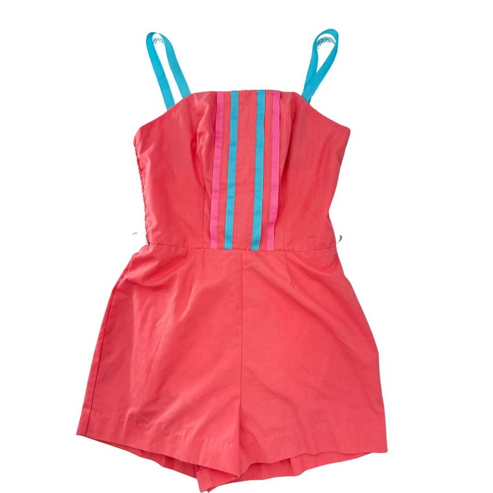 Vintage 70s Cotton Beach Romper Coral Turquoise Retro Playsuit Sea Waves Size 10